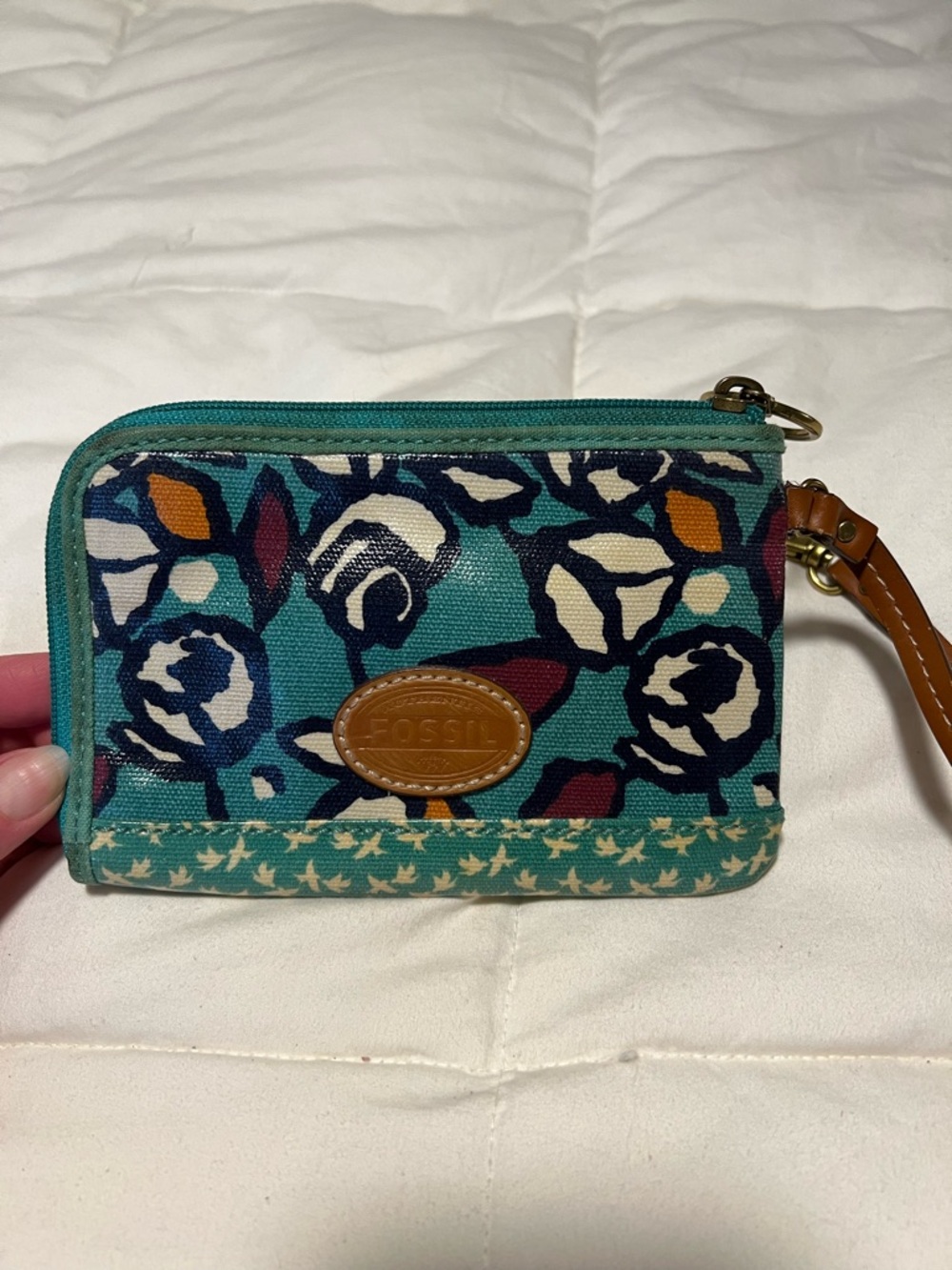 Fossil Teal Floral Canvas Wristlet with Brown Strap